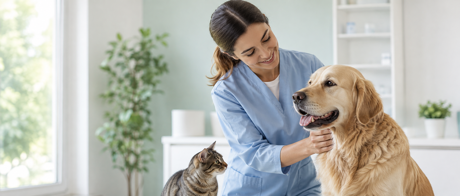 Veterinaria con un cane e un gatto.
